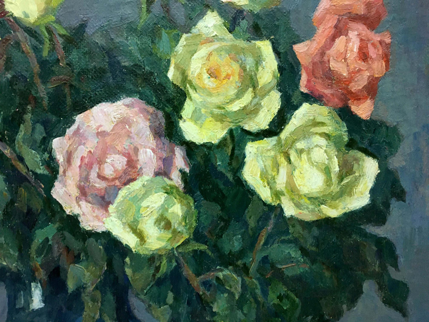 Oil painting Still life by Fedorov Nikolay Alekseevich: pink, yellow, peach roses