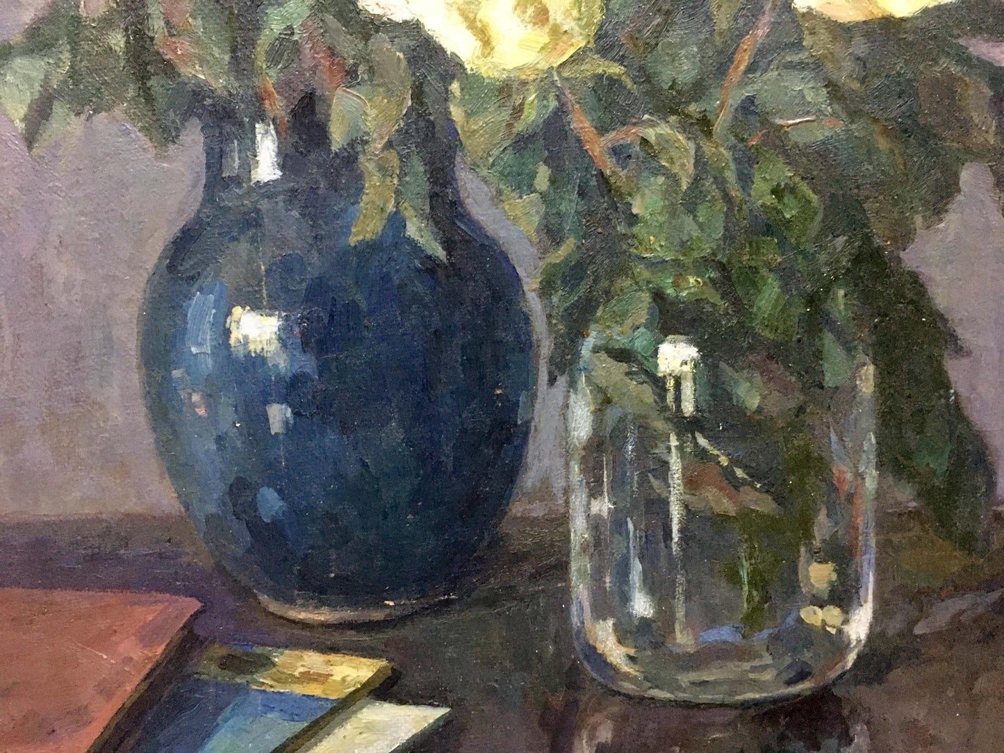 Oil painting still life by Fedorov Nikolay Alekseevich: deep blue ceramic vase with lush green foliage