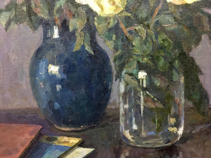 Oil painting still life by Fedorov Nikolay Alekseevich: deep blue ceramic vase with lush green foliage