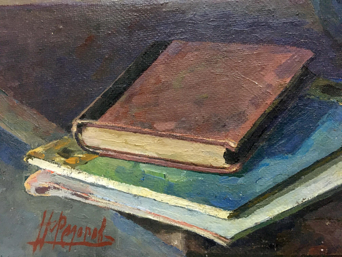 Oil painting of brown leather book atop two others by Fedorov Nikolay Alekseevich