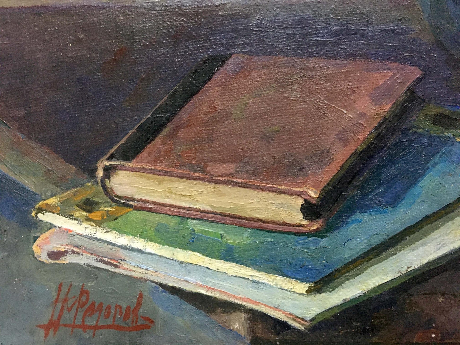 Oil painting of brown leather book atop two others by Fedorov Nikolay Alekseevich