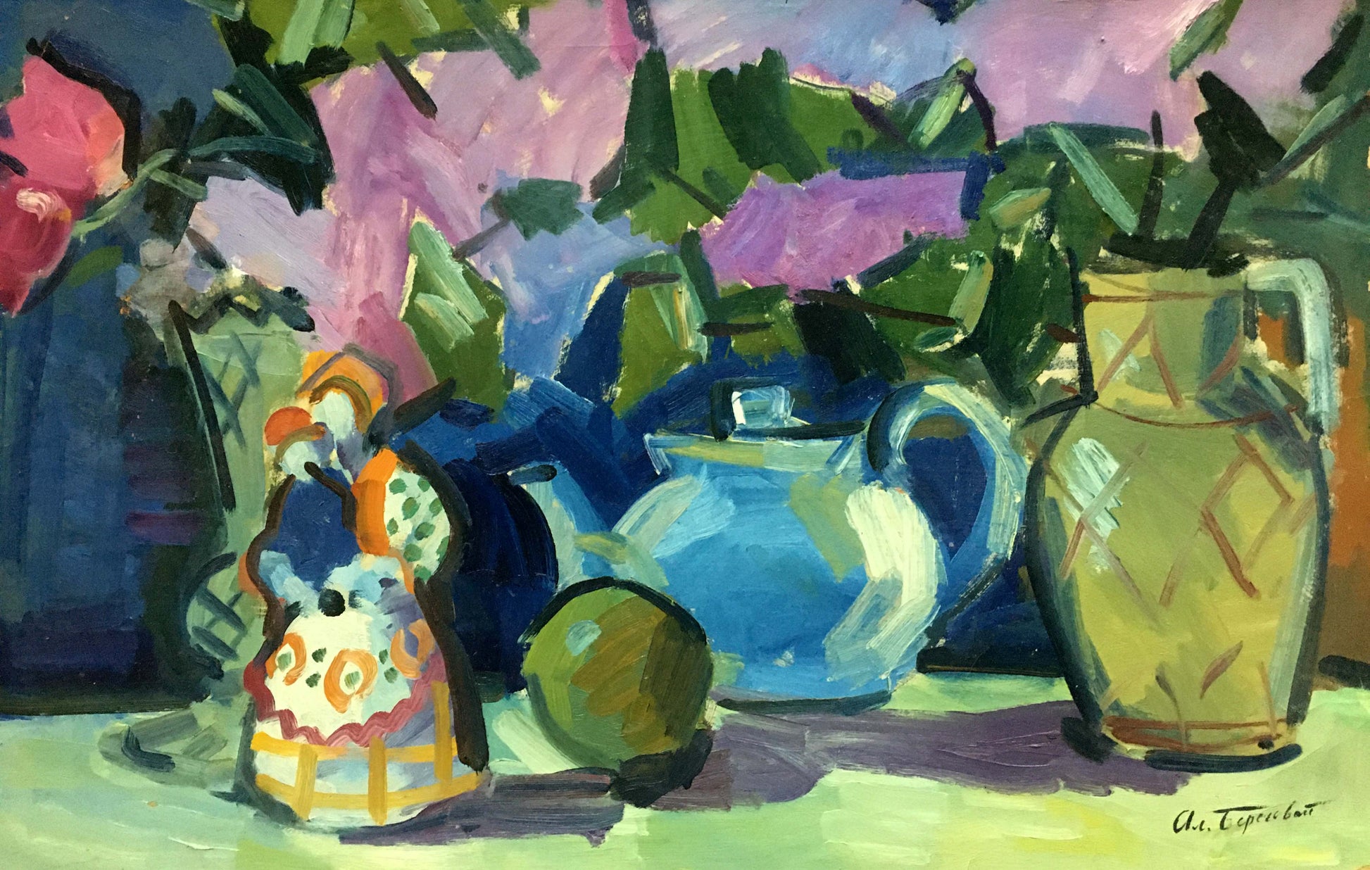 Yellow ceramic pitcher with diamond pattern in Beregovoi oil still life painting