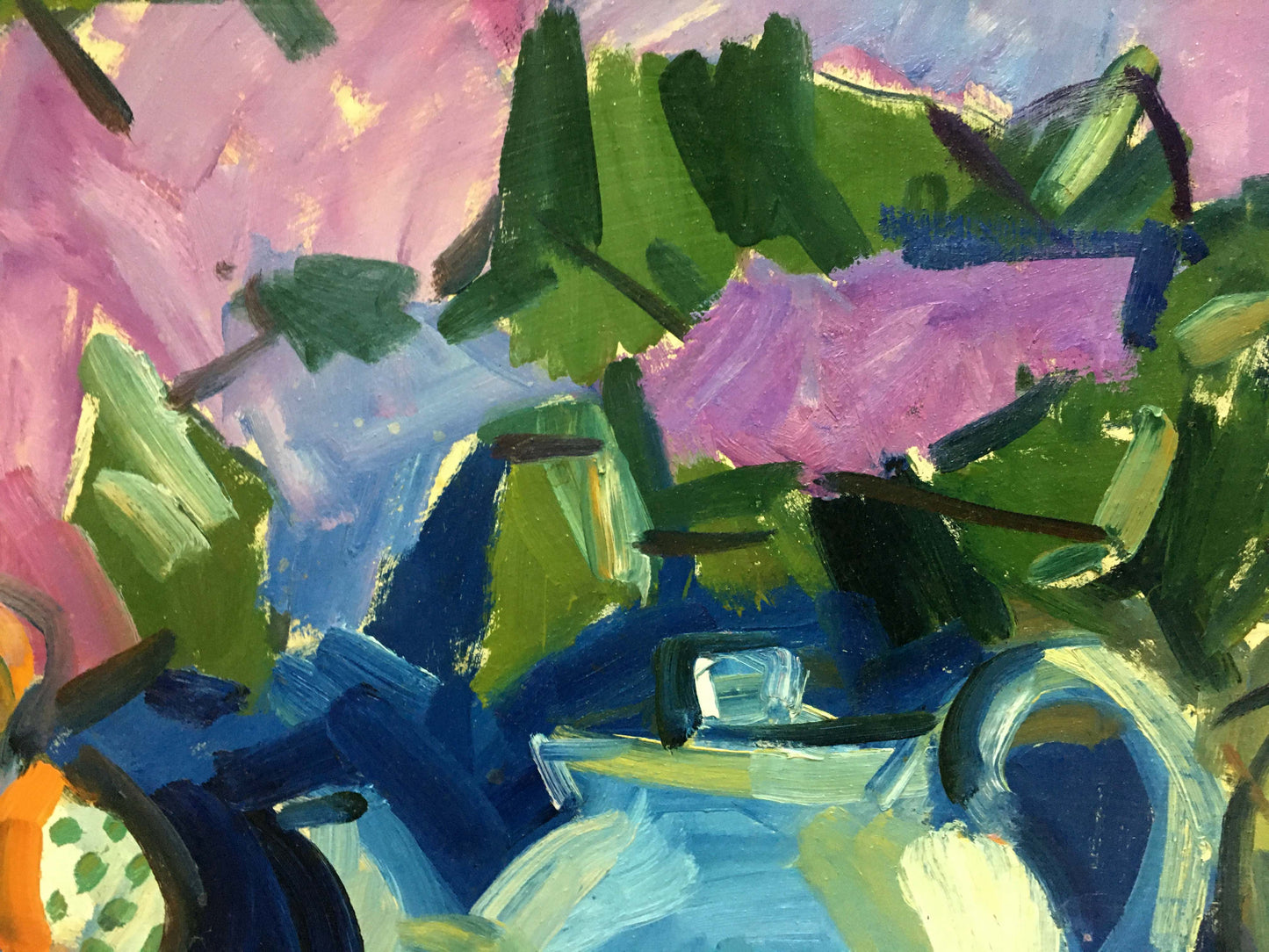 Oil painting Still life by Beregovoi Alexander Ivanovich with bold abstract green pink blue purple strokes
