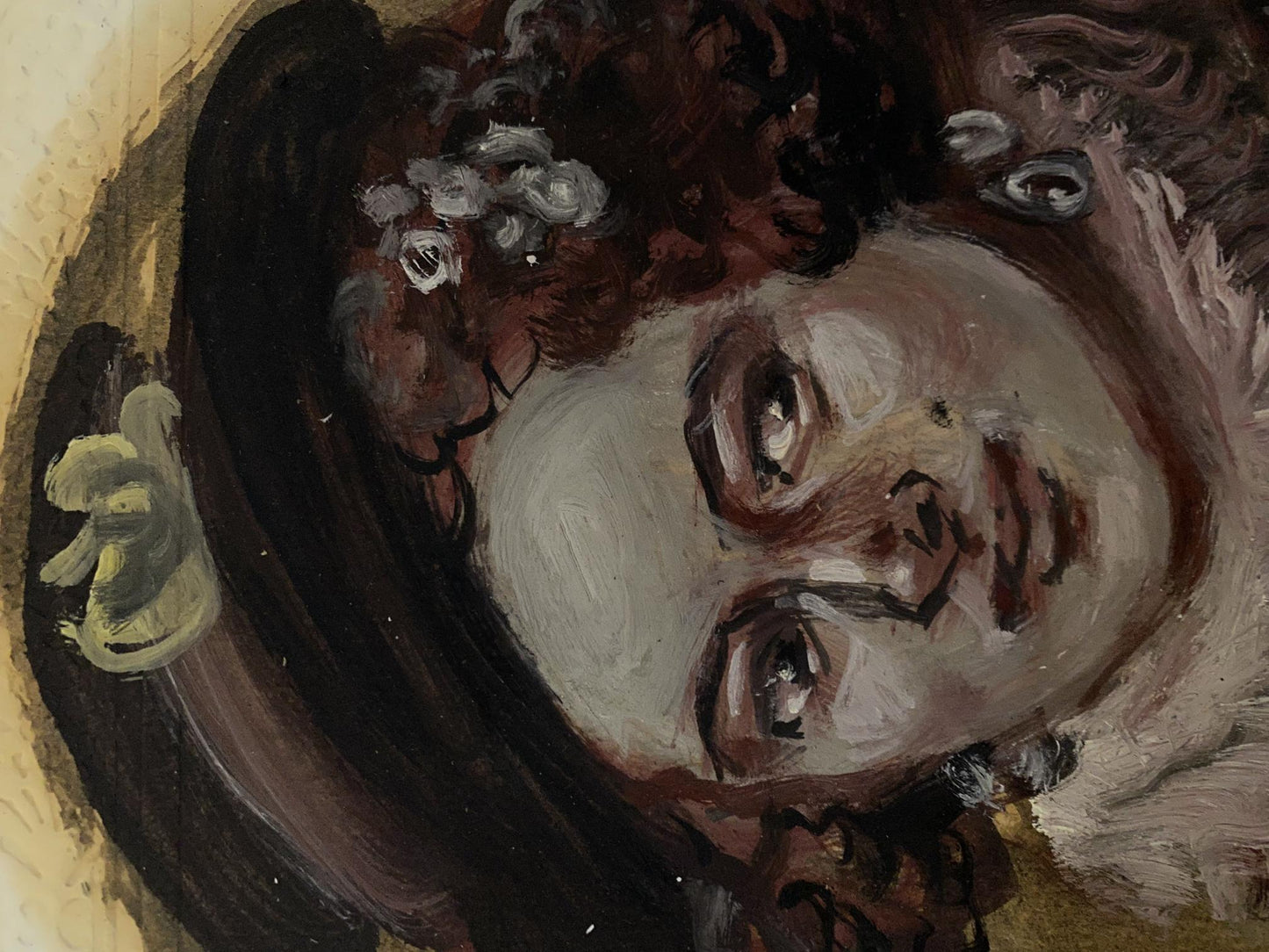Oil painting of Madeleine by Alexander Arkadievich Litvinov, curly-haired woman in ornate hat