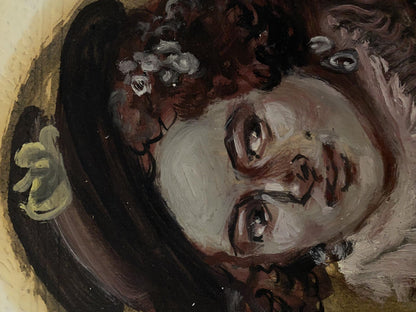 Oil painting of Madeleine by Alexander Arkadievich Litvinov, curly-haired woman in ornate hat