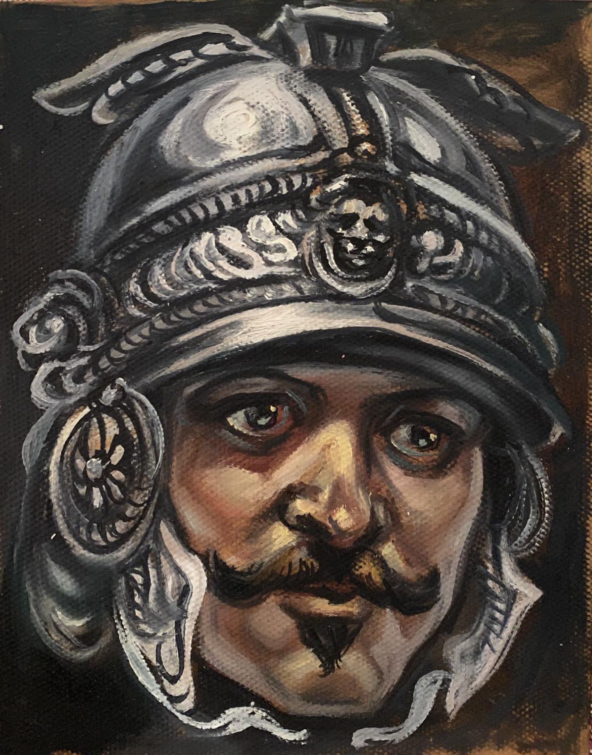 Oil painting of warrior head in ornate silver helmet by Litvinov