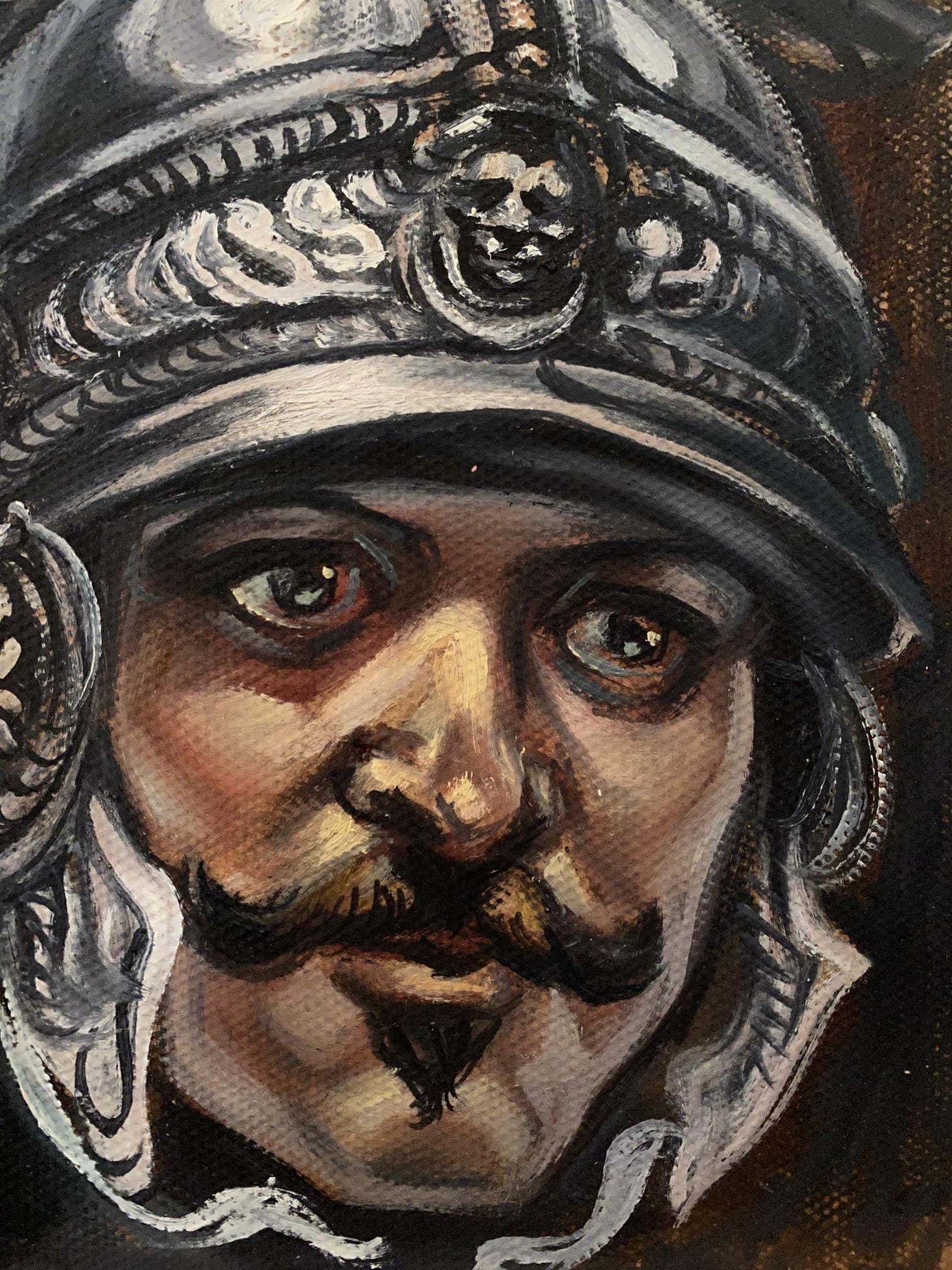 Detailed oil painting of warrior head in ornate silver skull helmet by Litvinov
