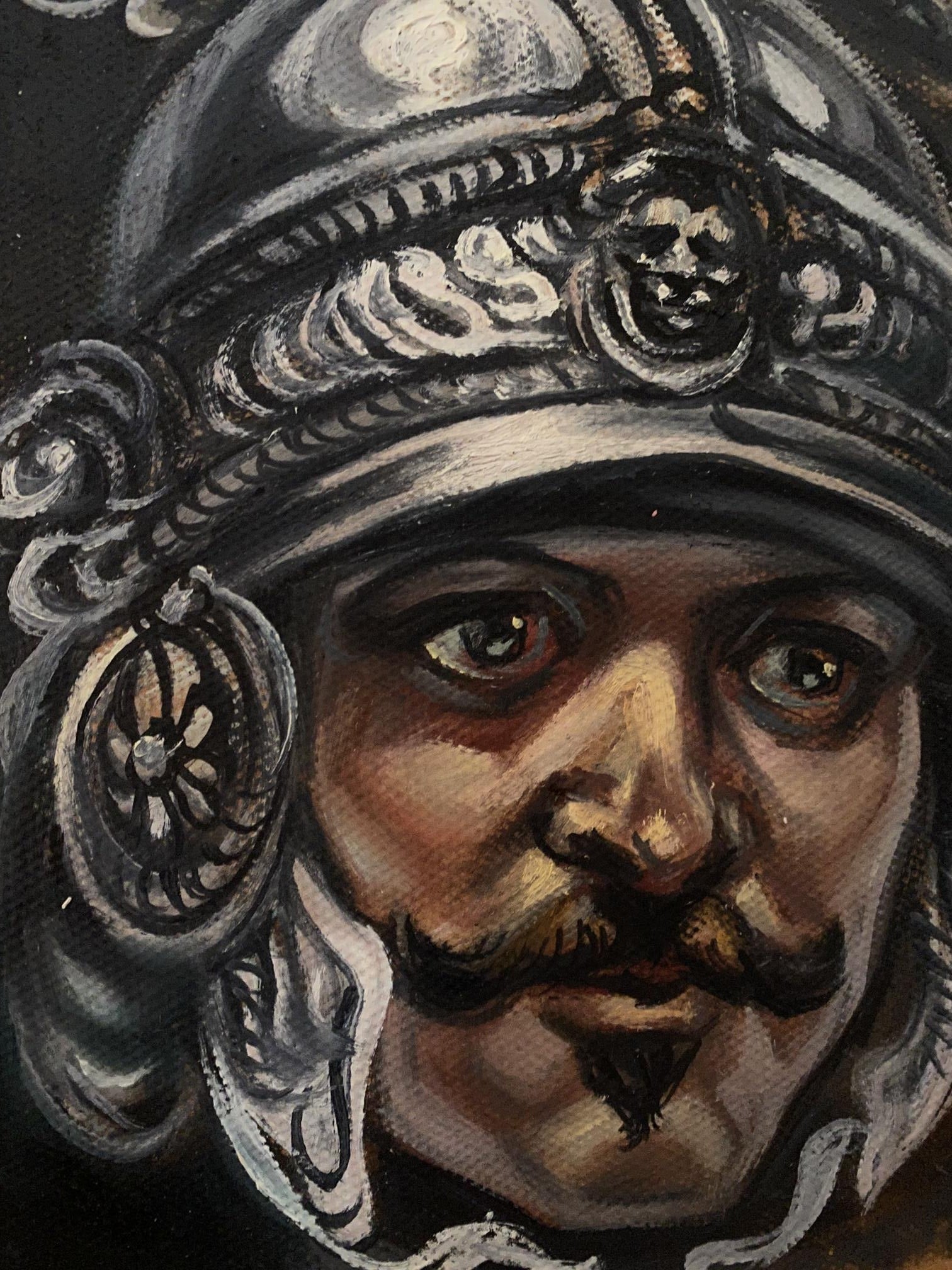 Oil painting of warrior head in ornate silver helmet by Litvinov