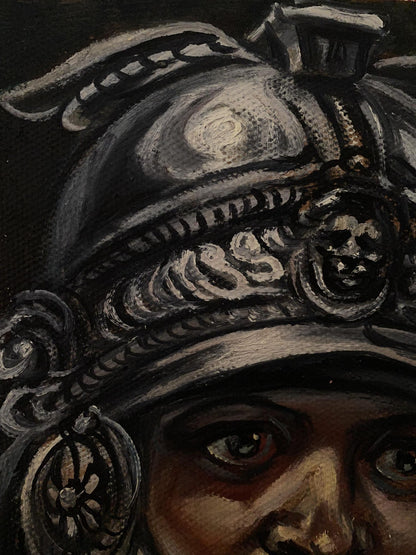 Dark ornate helmet oil painting by Alexander Arkadievich Litvinov, Warrior heads III