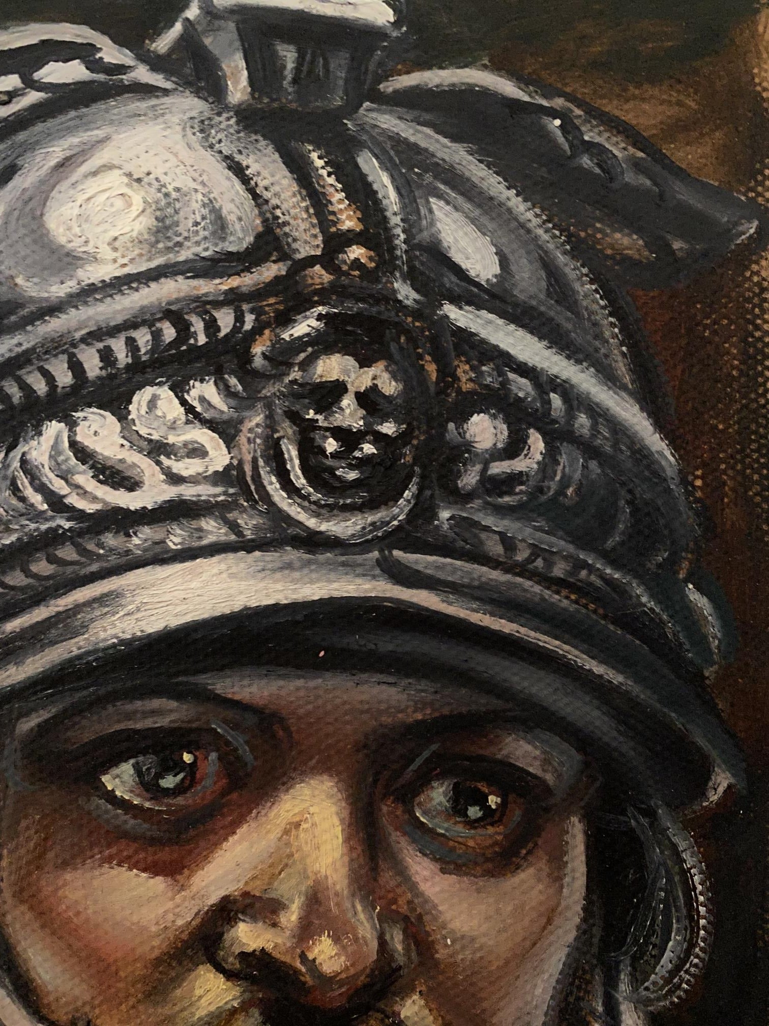 Oil painting of ornate dark helmet with skull emblem by Litvinov