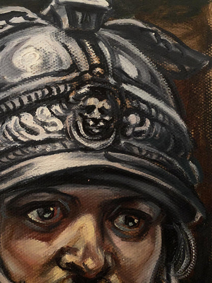 Oil painting of ornate dark helmet with skull emblem by Litvinov