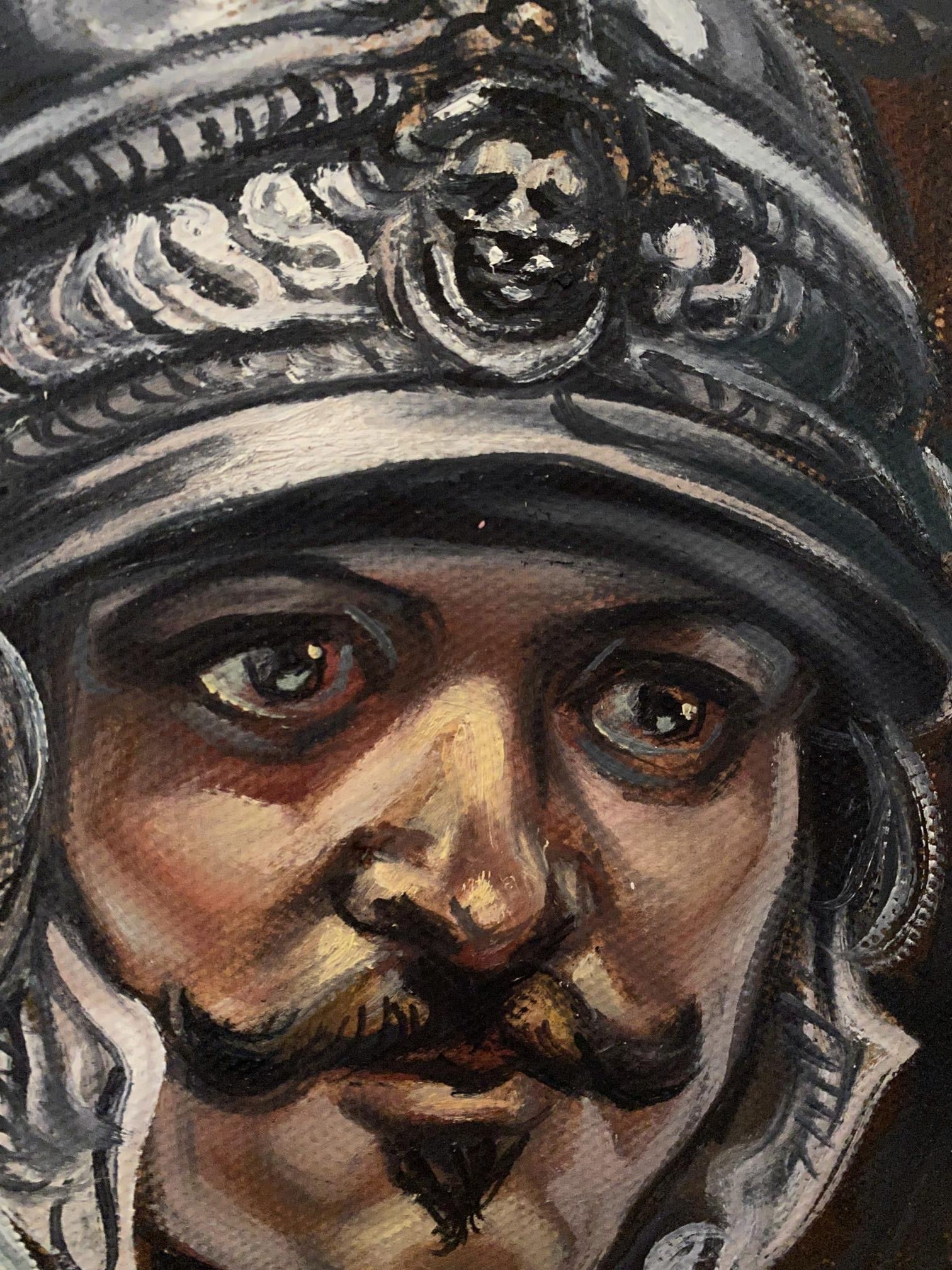 Oil painting of mustached warrior head in skull helmet by Litvinov