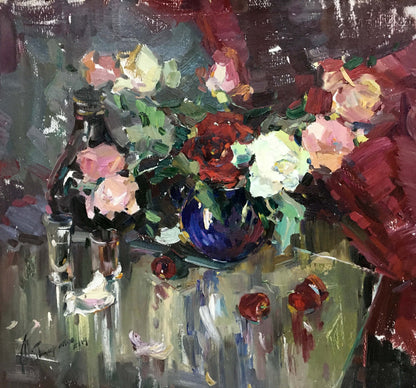 Oil painting of blue vase with pink, white, red roses by Ponomarenko Anatoly Fedorovich