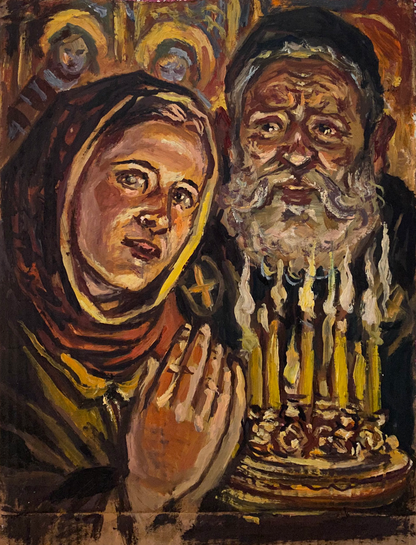 Oil painting In the Temple by Alexander Arkadievich Litvinov, woman and elder man with halos