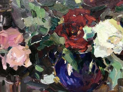 Oil painting by Ponomarenko Anatoly Fedorovich: blue vase with red, pink, white roses