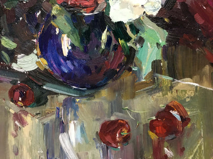 Oil painting by Ponomarenko Anatoly Fedorovich: blue vase with white and green flowers