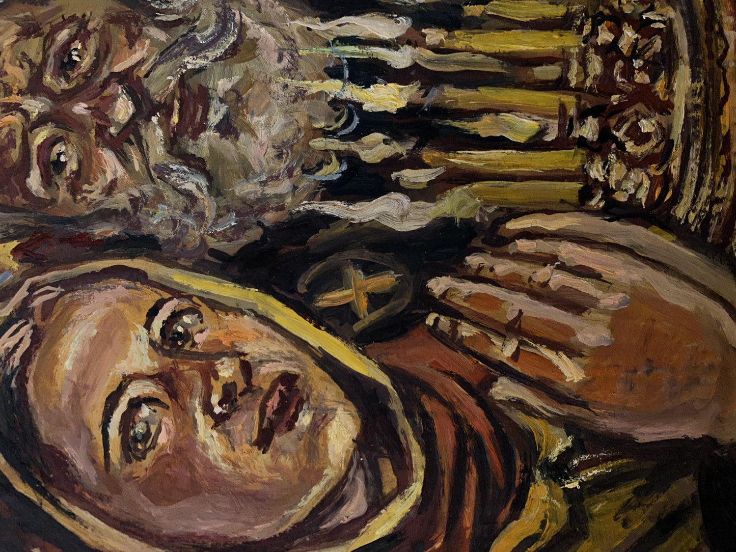 Oil painting In the Temple by Alexander Arkadievich Litvinov, textured portrait of woman