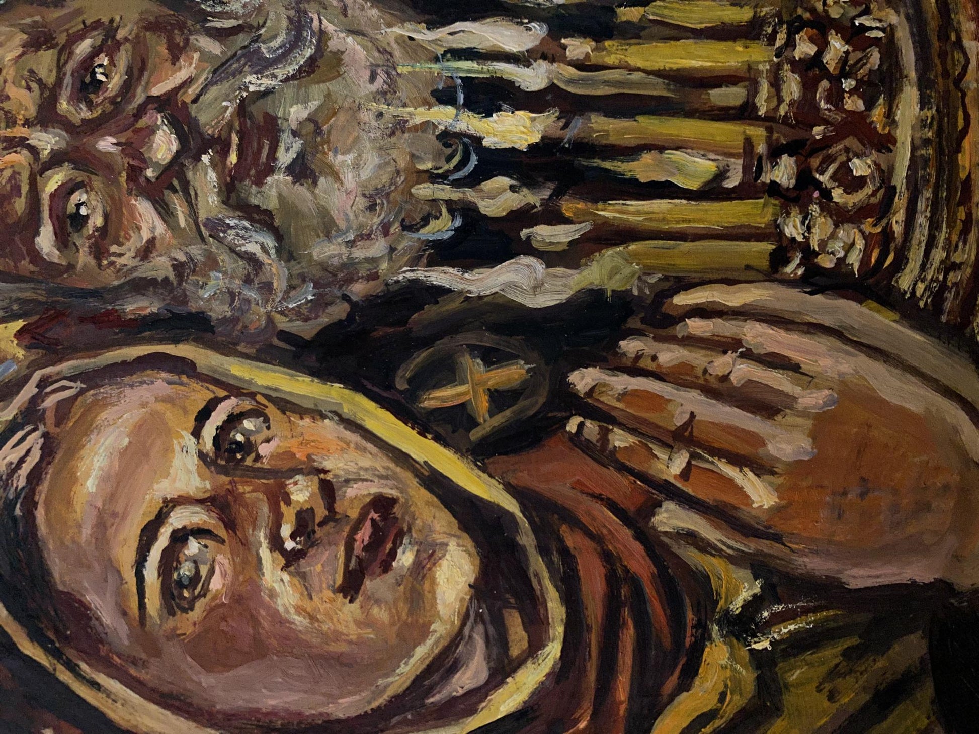 Oil painting In the Temple by Alexander Arkadievich Litvinov, textured portrait of woman
