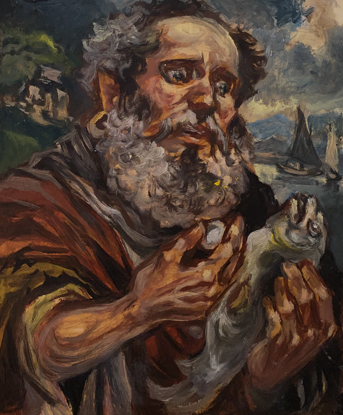 Oil painting of Peter Alexander Arkadievich Litvinov holding fish
