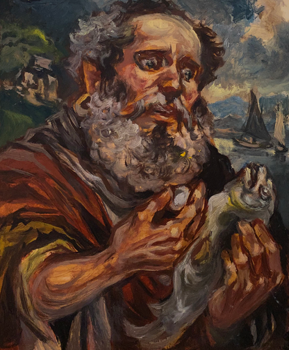 Oil painting of Peter Alexander Arkadievich Litvinov holding fish
