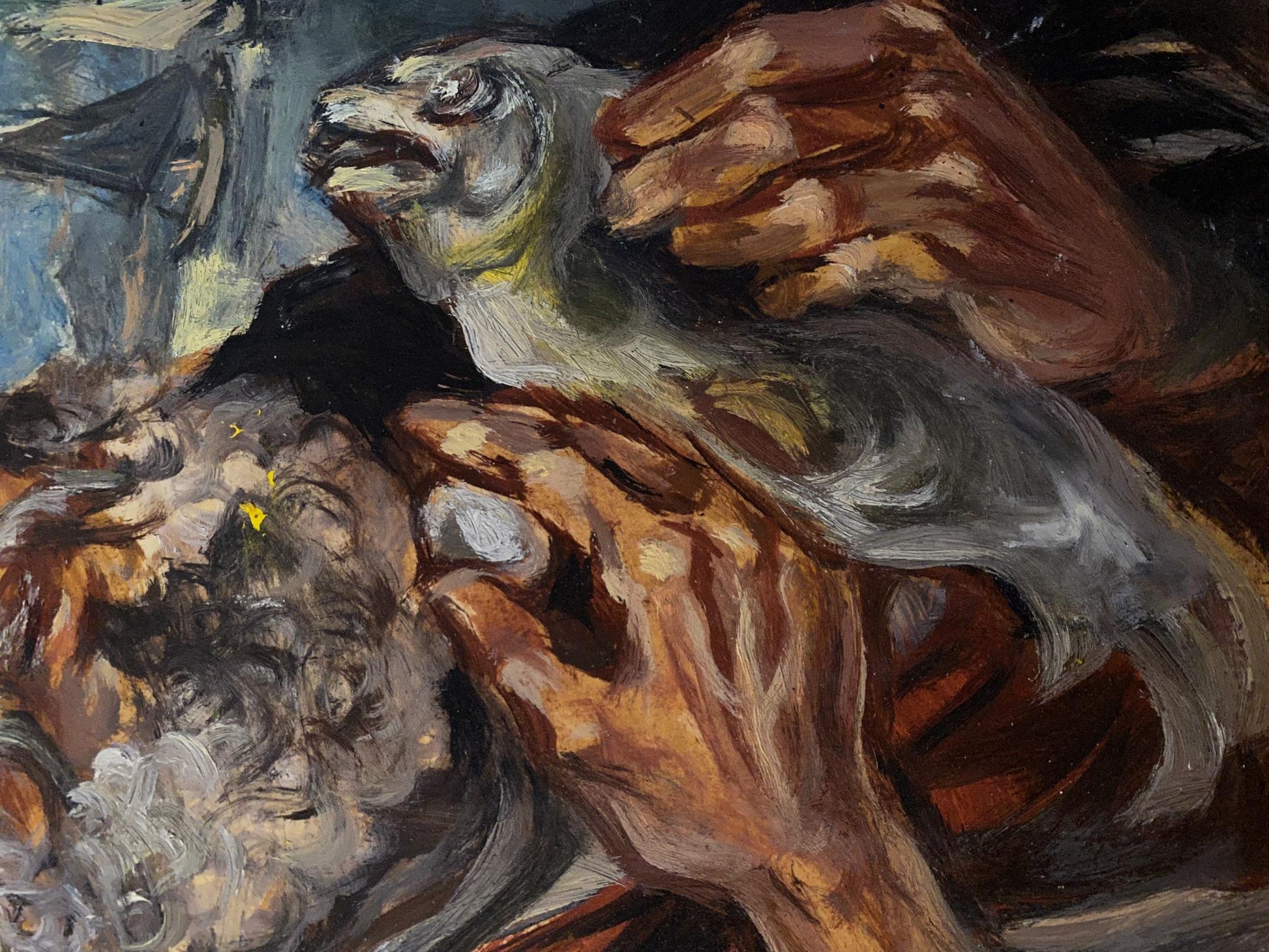 Oil painting by Peter Alexander Arkadievich Litvinov of textured gray fish with yellow underbelly held in earthy hands
