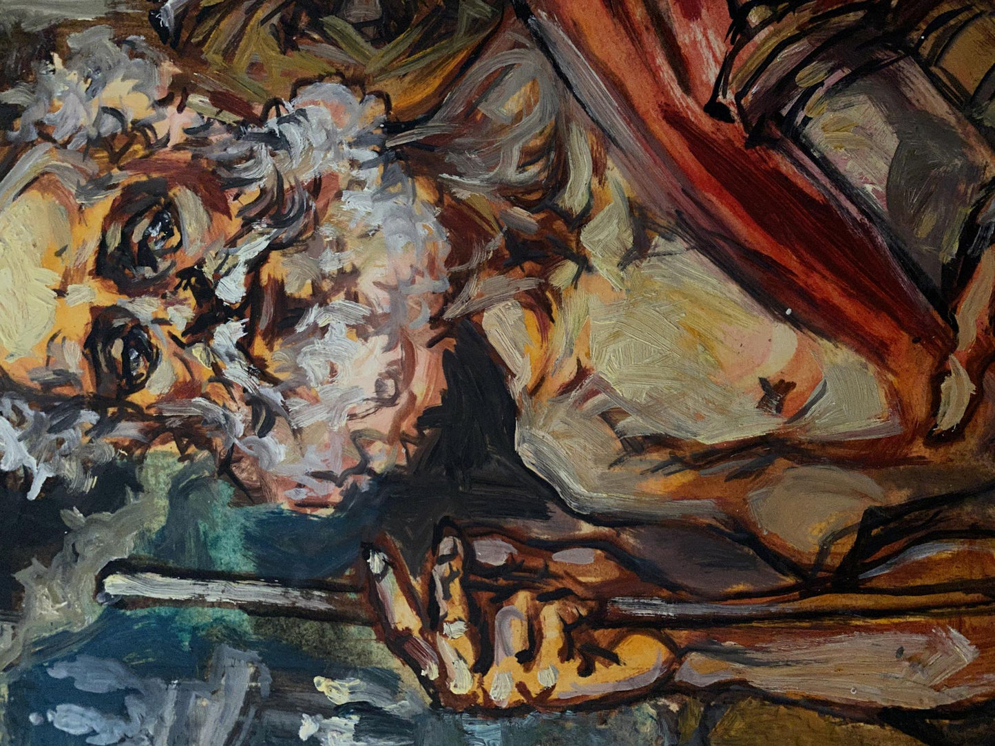 Abstract expressionist oil painting by Diogenes Alexander Arkadievich Litvinov with distorted face in swirling white, gray, orange, brown brushstrokes