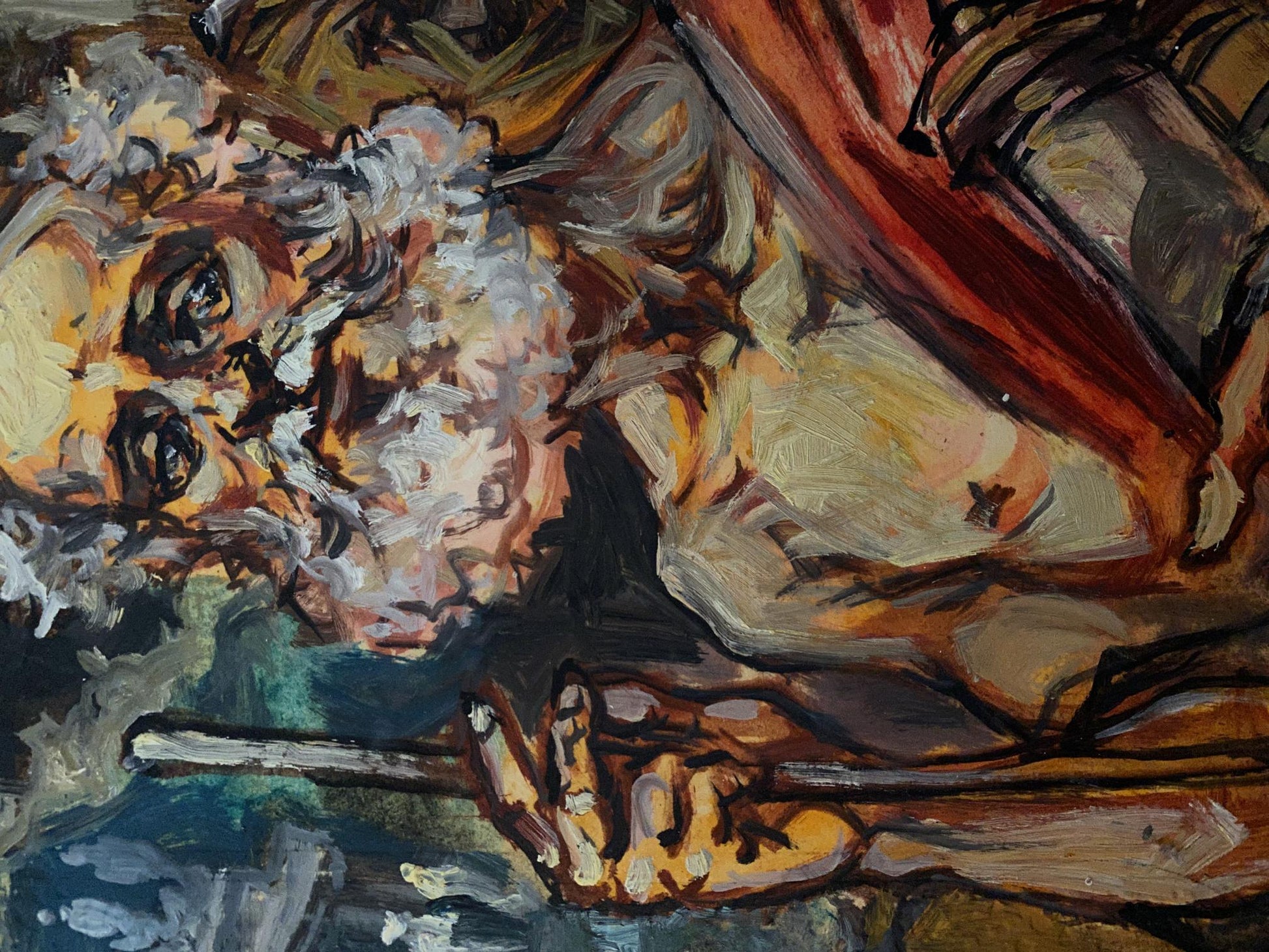 Abstract expressionist oil painting by Diogenes Alexander Arkadievich Litvinov with distorted face in swirling white, gray, orange, brown brushstrokes