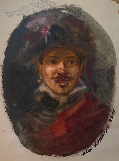 Oil painting portrait of a Bard Alexander Litvinov, oval-framed man with mustache