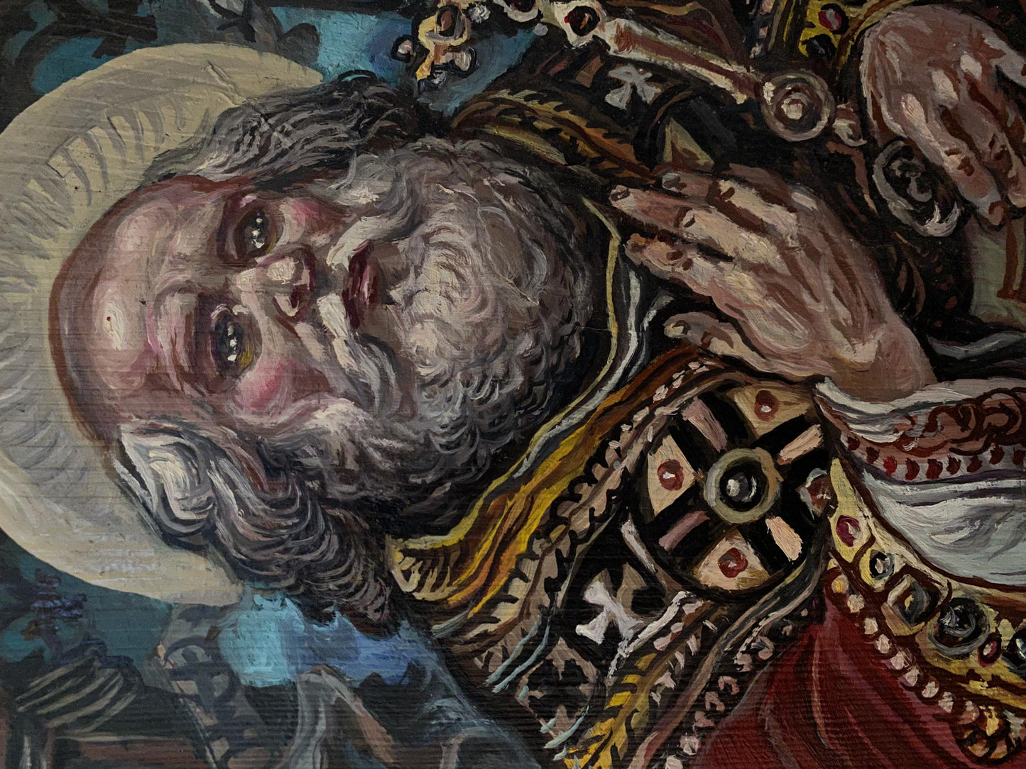 Oil painting of Apostle Peter by Alexander Arkadievich Litvinov, bearded saint in gold red robes