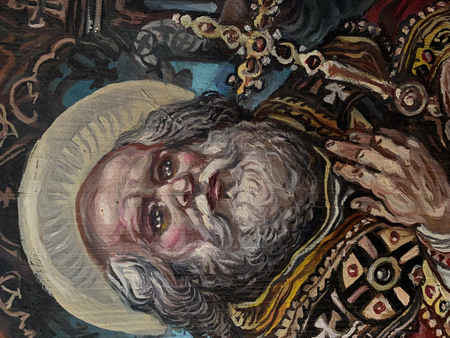 Oil painting of Apostle Peter by Alexander Arkadievich Litvinov, bearded saint in ornate robes holding jeweled cross