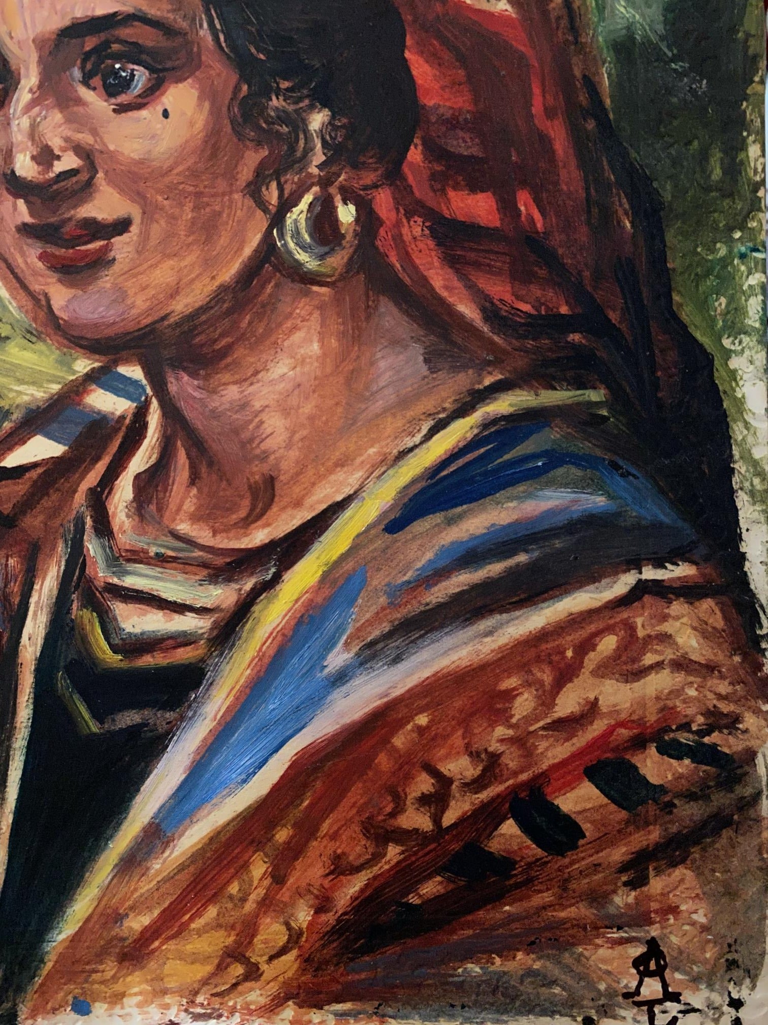 Vibrant oil painting of woman with dark curly hair by Gypsy Alexander Arkadievich Litvinov
