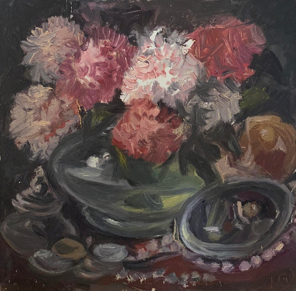 Oil painting of pink white peonies in green vase by Litvinov
