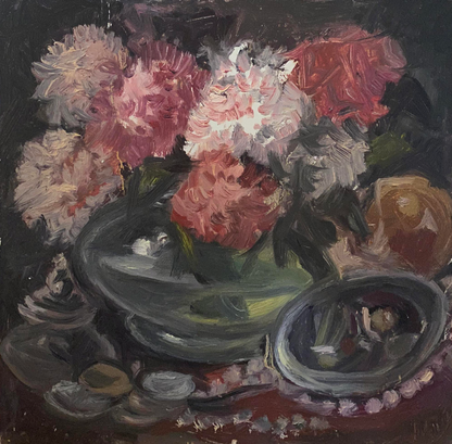 Oil painting of pink white peonies in green vase by Litvinov