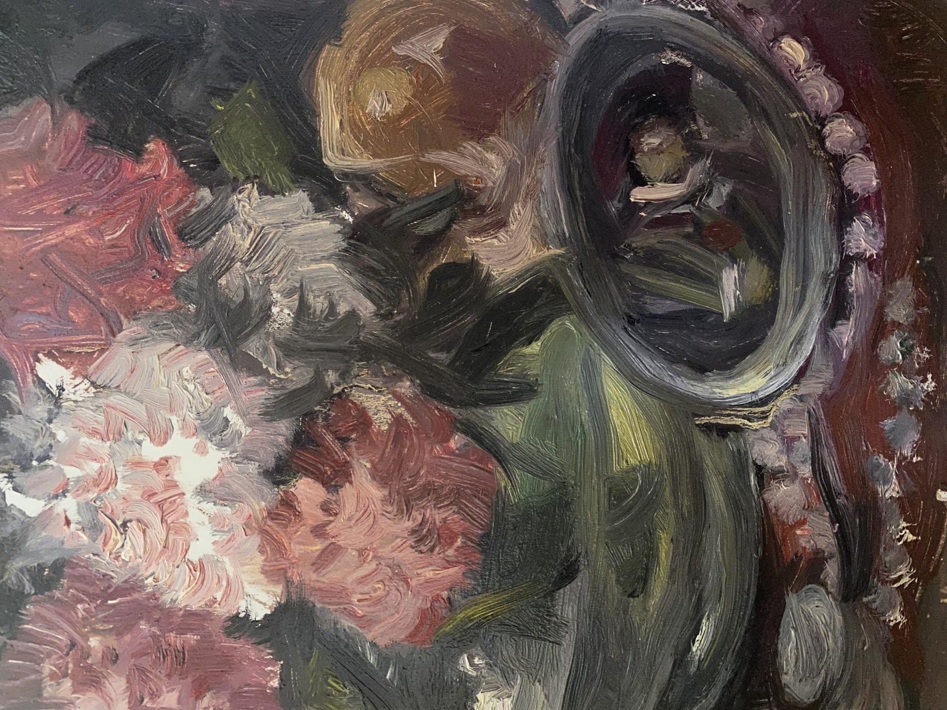 Vibrant impressionistic oil painting of pink white green floral still life by Litvinov