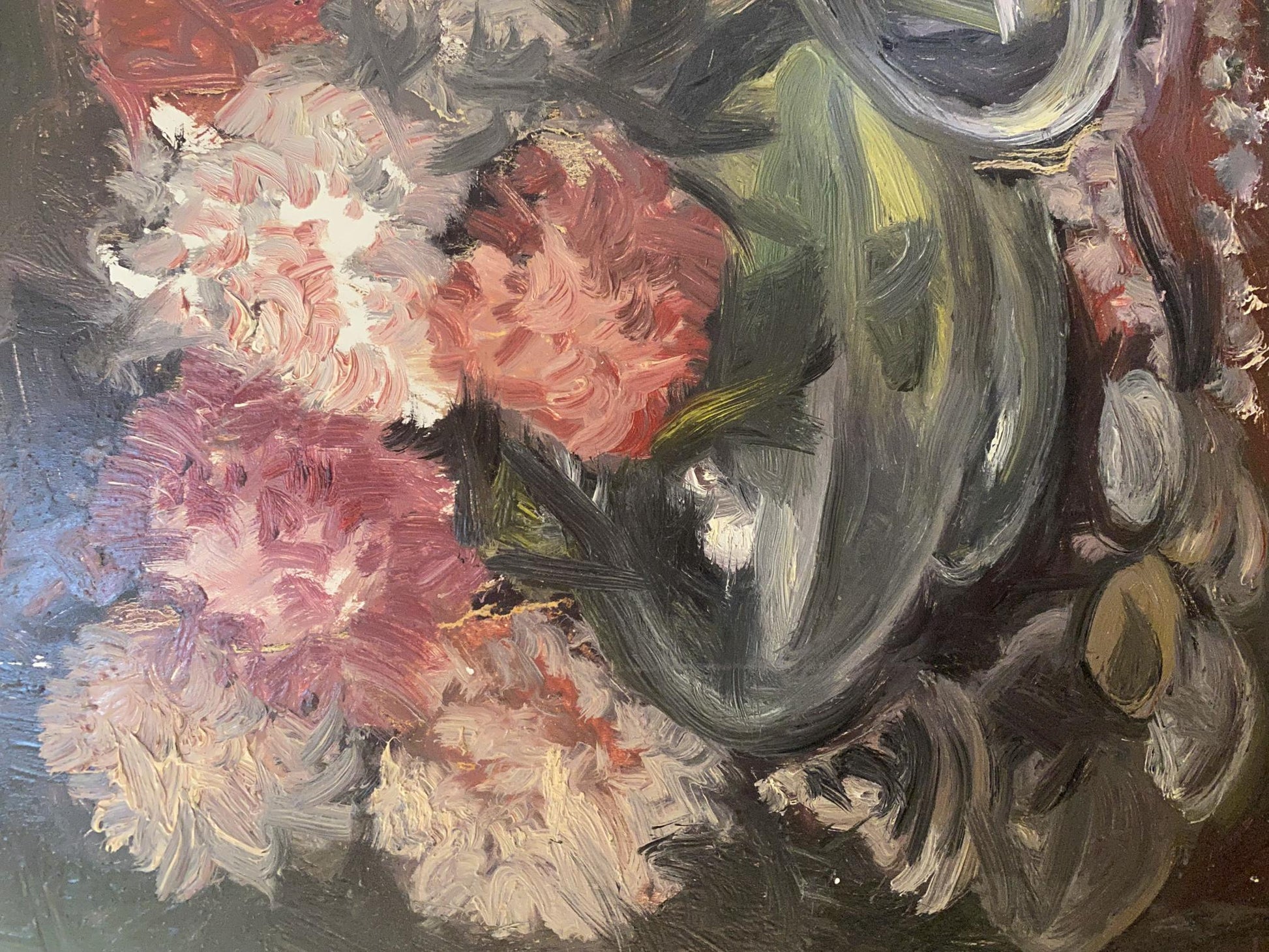 Vibrant impressionistic oil painting of floral still life in green vase by Litvinov
