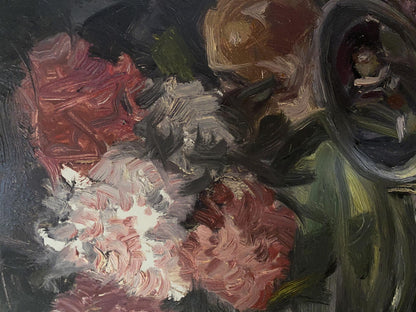 Vibrant impressionistic oil painting of floral still life in dark vase by Litvinov