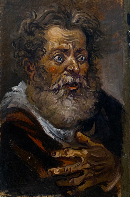 Textured oil painting of surprised Alexander Arkadievich Litvinov, bearded man with expressive eyes
