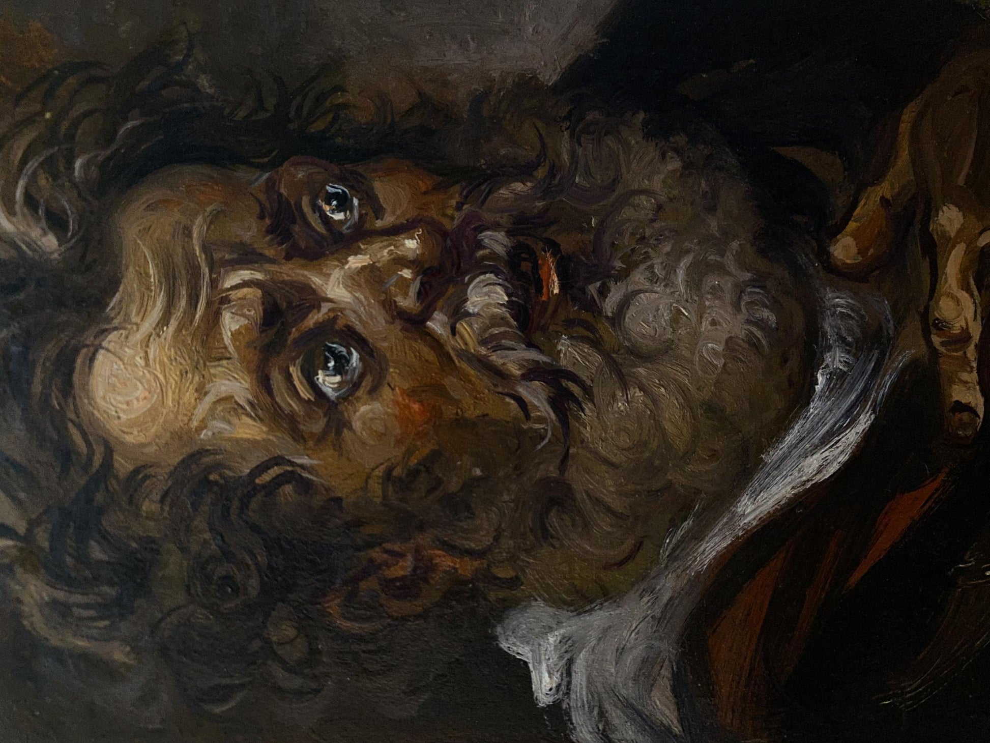Oil painting of surprised Alexander Arkadievich Litvinov with wild curls