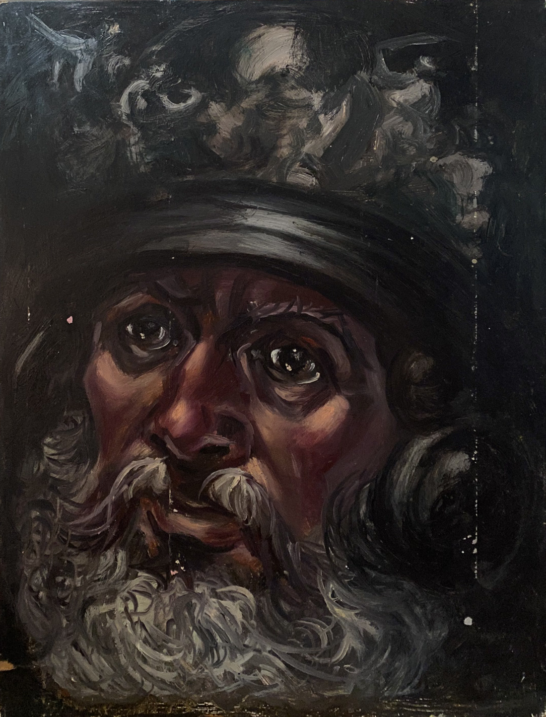 Dark portrait of bearded warrior by Alexander Arkadievich Litvinov, skulls hat