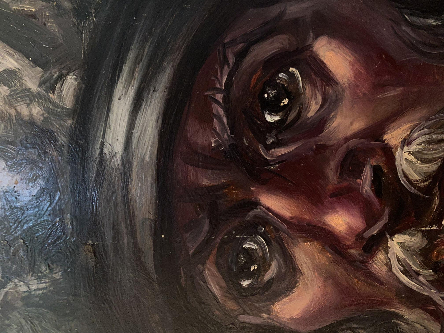 Haunting oil painting of warrior head with wide dark eyes by Litvinov