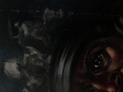 Dark textured oil painting of warrior head eye by Alexander Arkadievich Litvinov