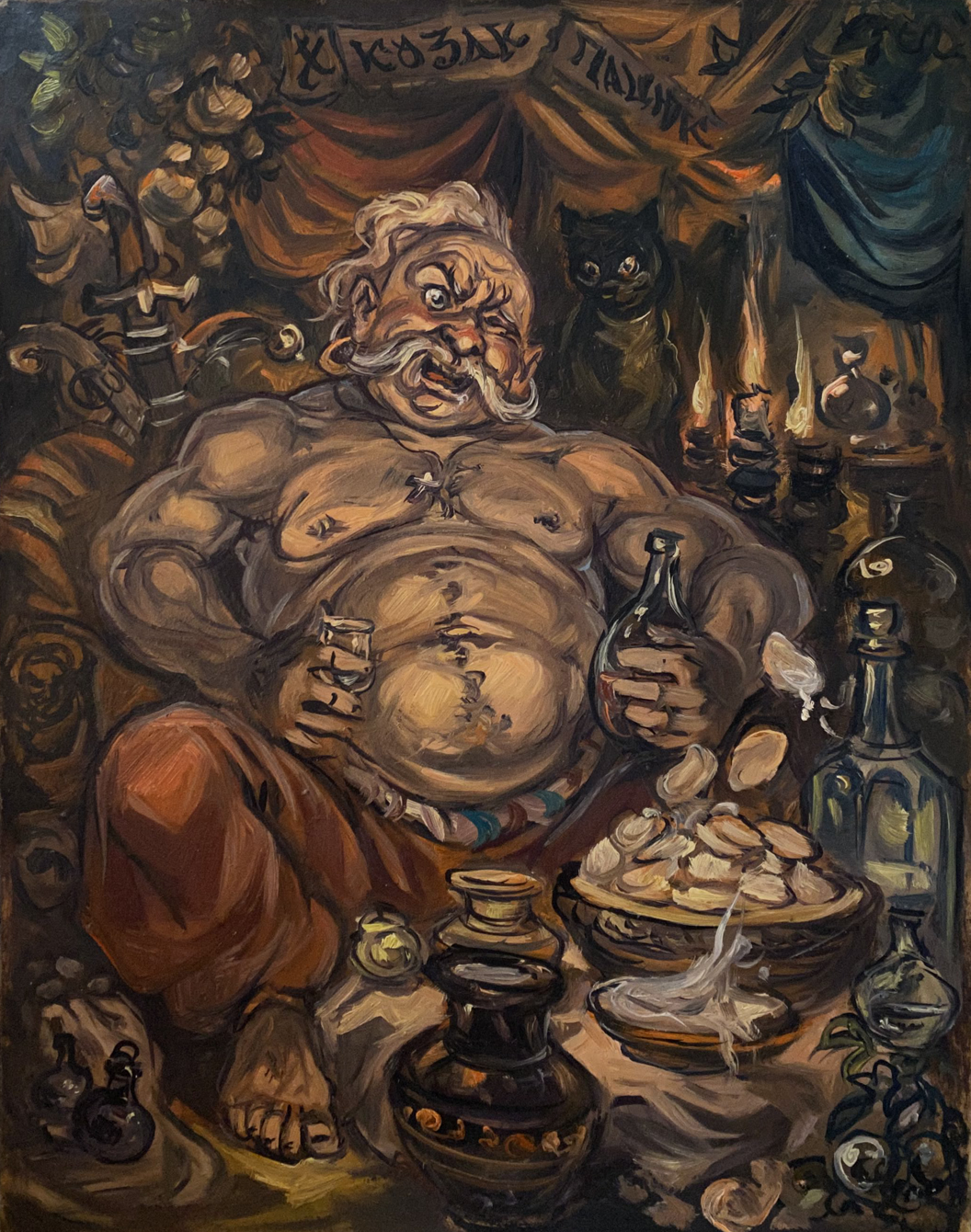 Oil painting by Kozak Patsyuk Alexander Arkadievich Litvinov: muscular bearded man in ornate chair with liquor