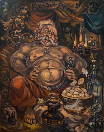 Oil painting by Kozak Patsyuk Alexander Arkadievich Litvinov: muscular bearded man in ornate chair with liquor