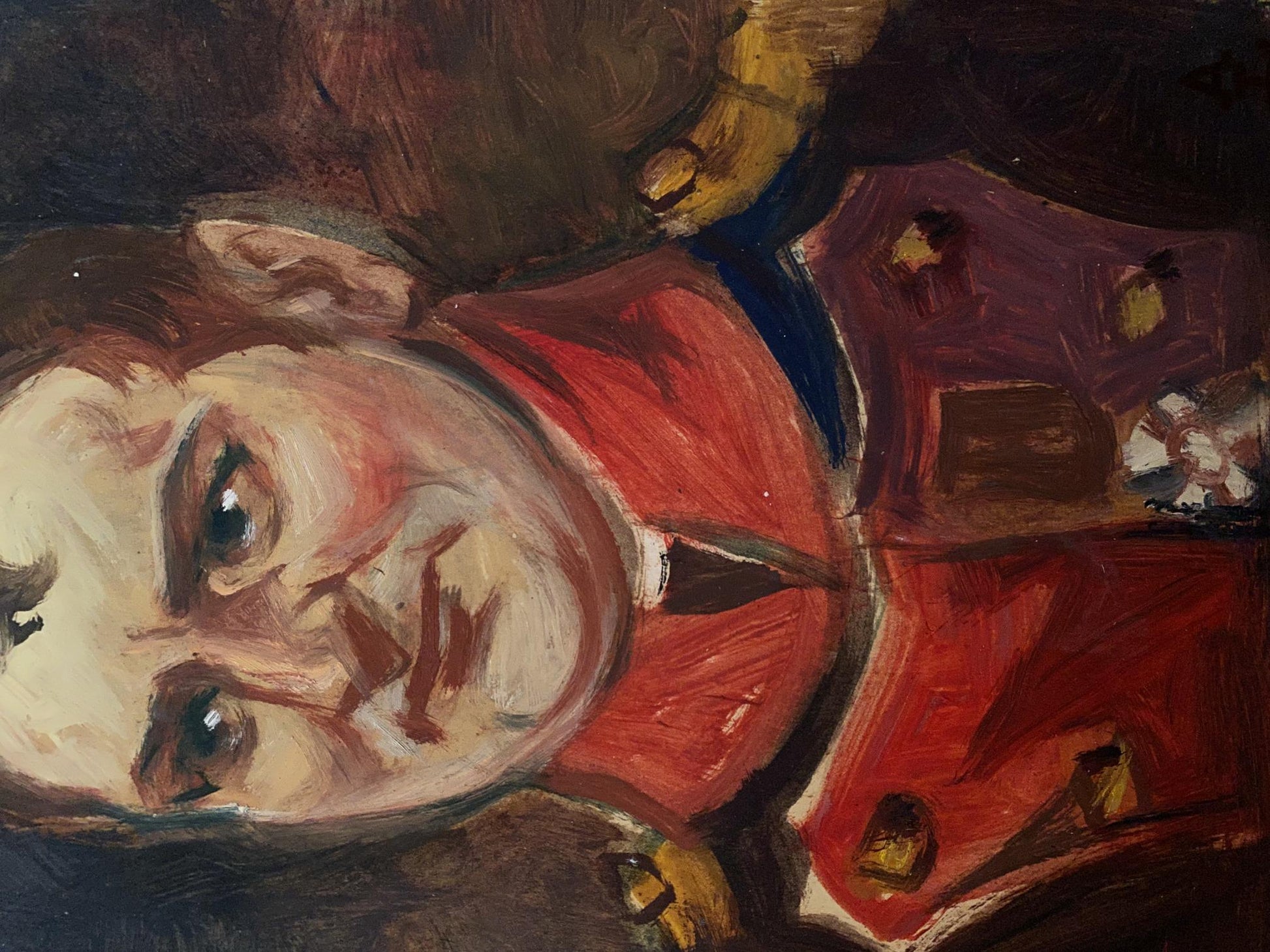 Oil painting of Bonaparte by Alexander Arkadievich Litvinov, textured impressionist man in red uniform