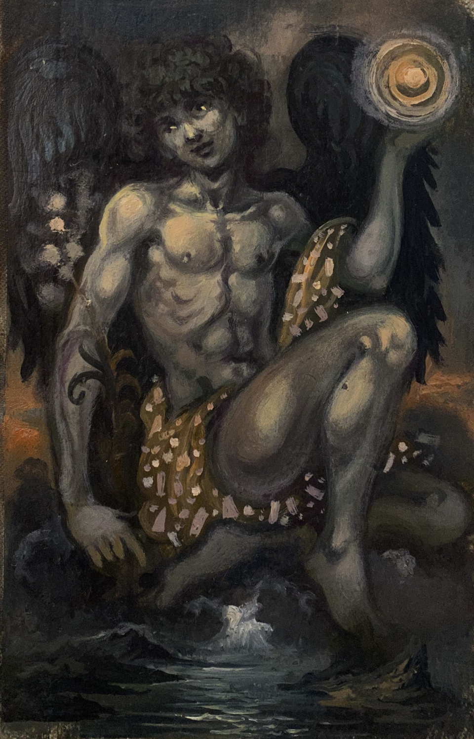 Oil painting of Daemon by Alexander Arkadievich Litvinov, dark winged muscular figure holding golden object