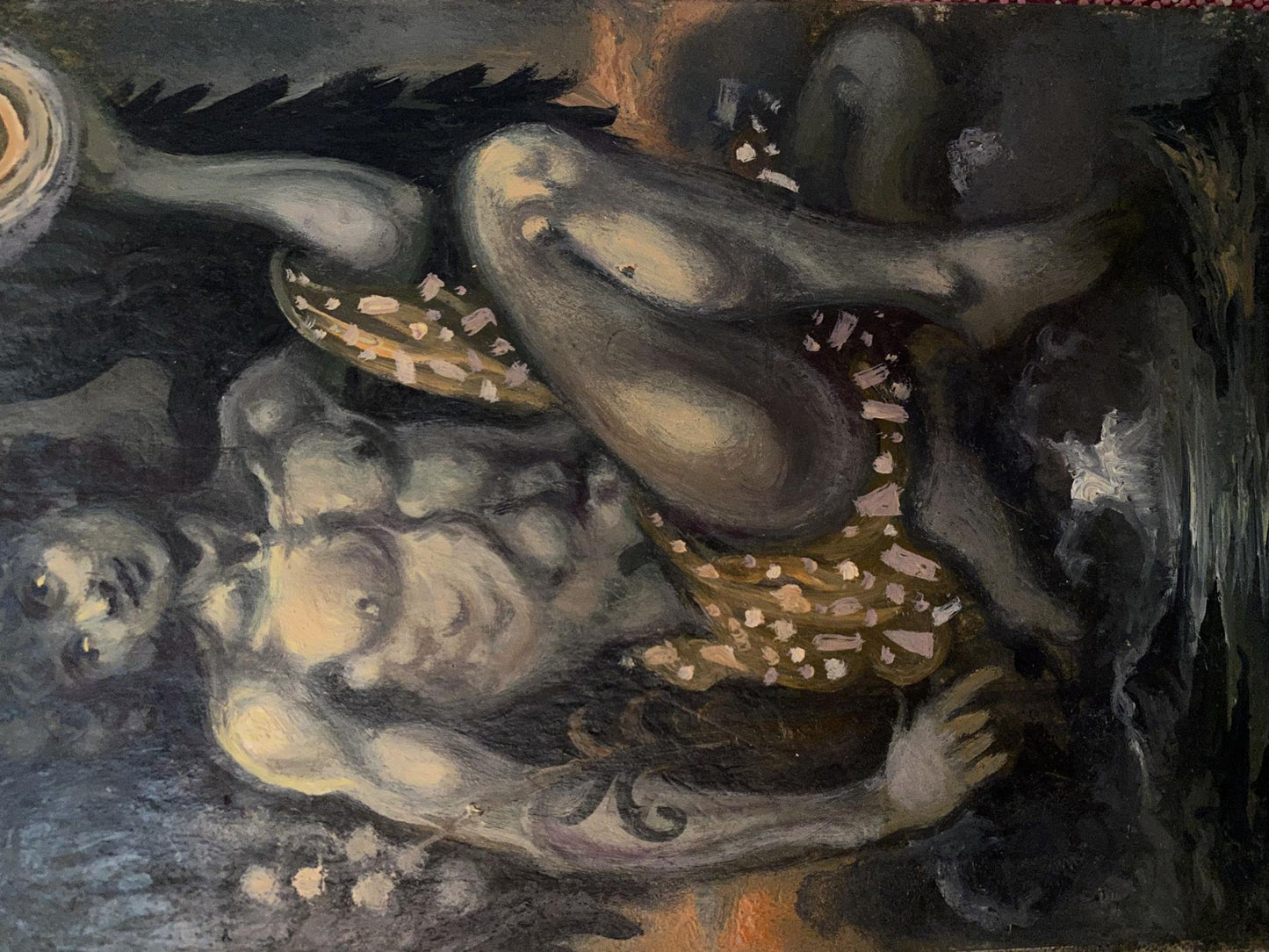 Dark expressive oil painting by Daemon Alexander Arkadievich Litvinov of intertwined nude figures