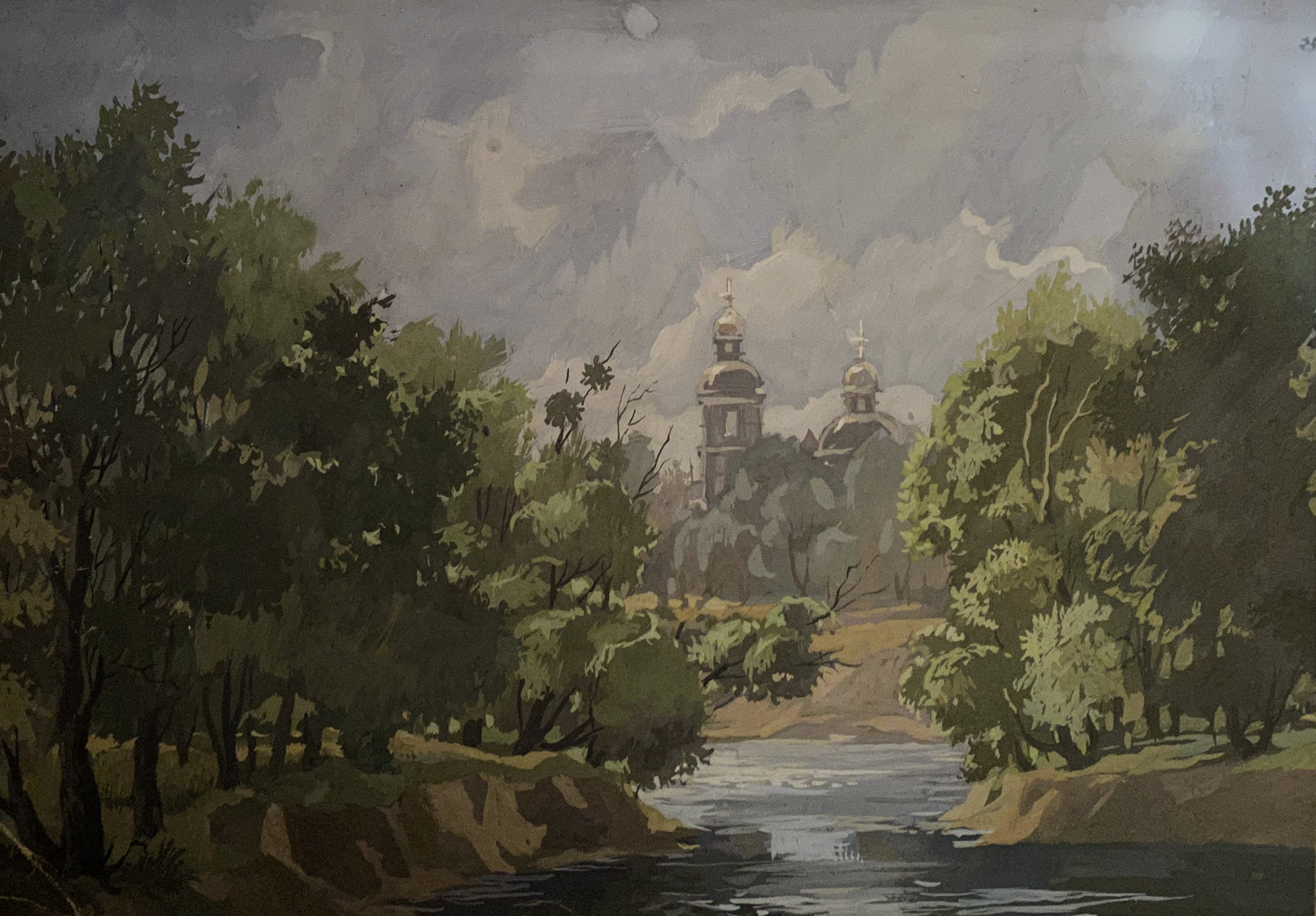 Oil painting by Alexander Litvinov: monastery behind lush trees and river