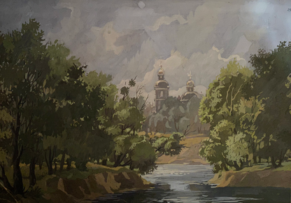 Oil painting by Alexander Litvinov: monastery behind lush trees and river