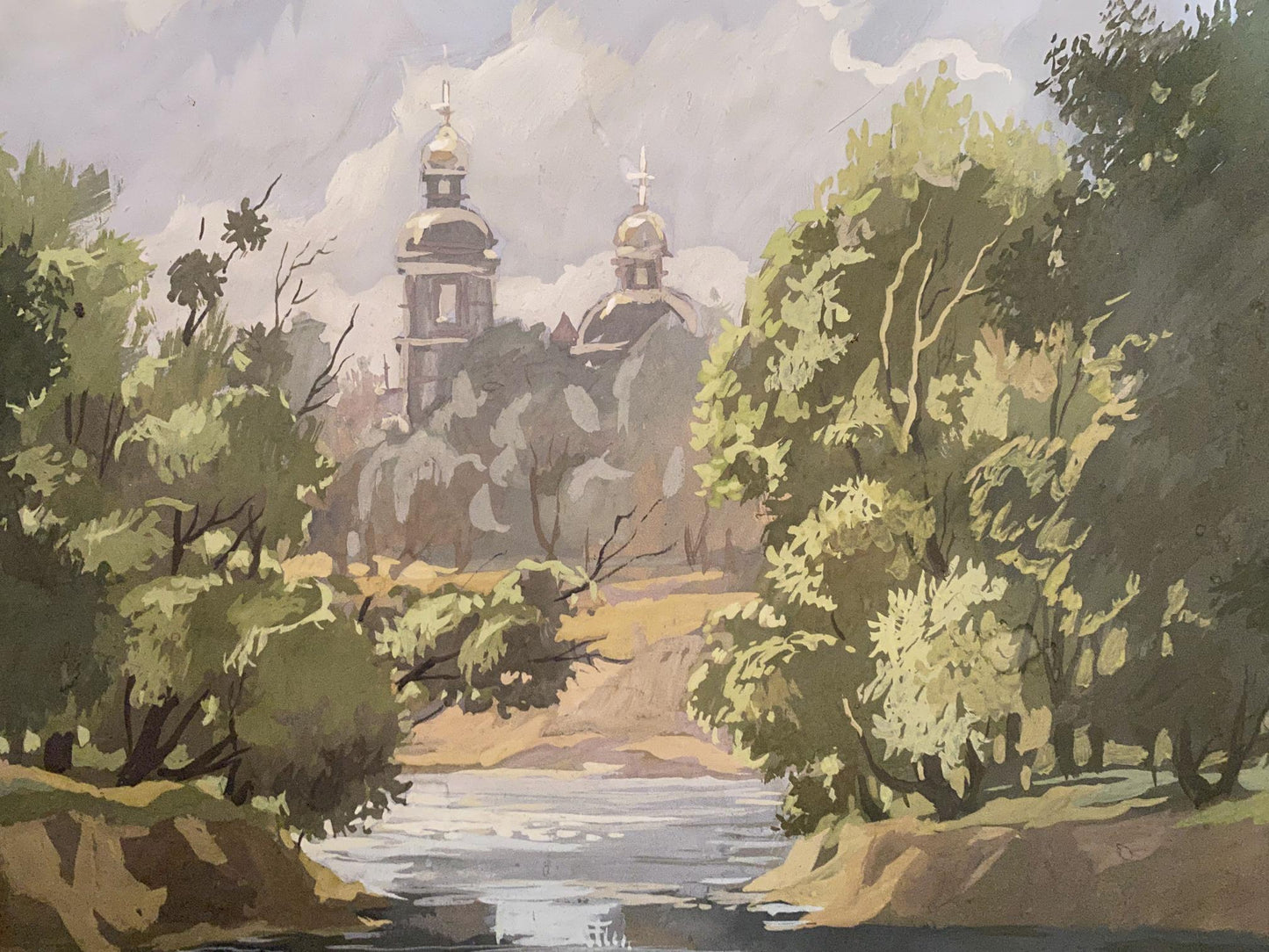 Oil painting of monastery behind trees by Alexander Litvinov