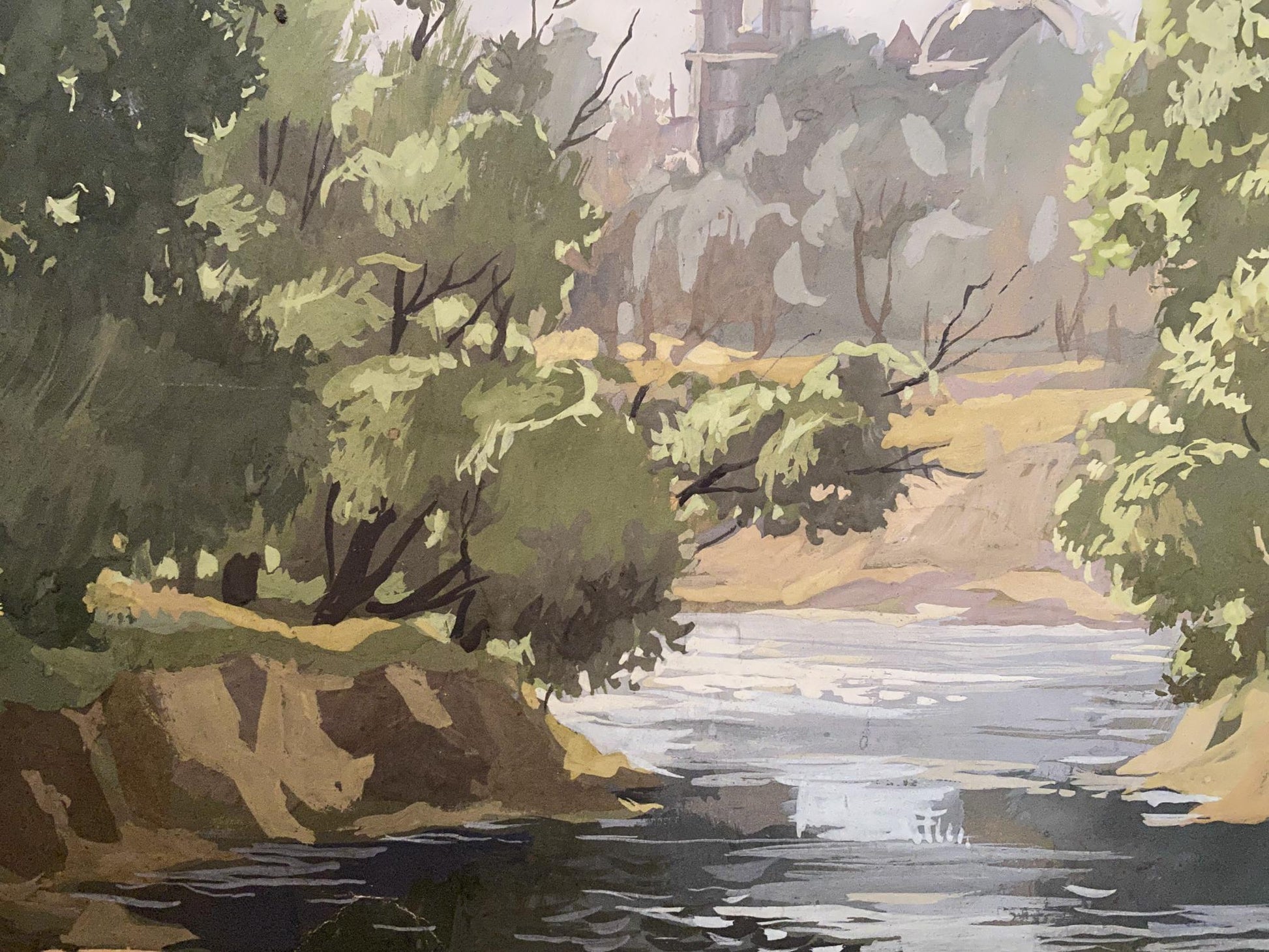 Serene river by Alexander Litvins Monastery behind lush green trees oil painting